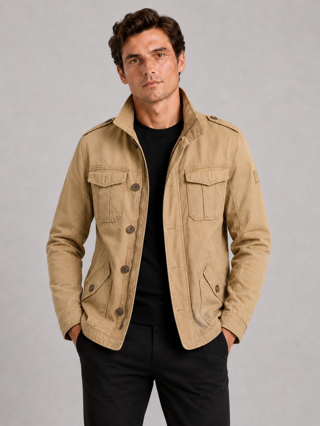 Men wearing khaki military cargo jacket heavyweight cotton multi pocket stand collar workwear style