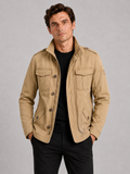Men wearing khaki military cargo jacket heavyweight cotton multi pocket stand collar workwear style