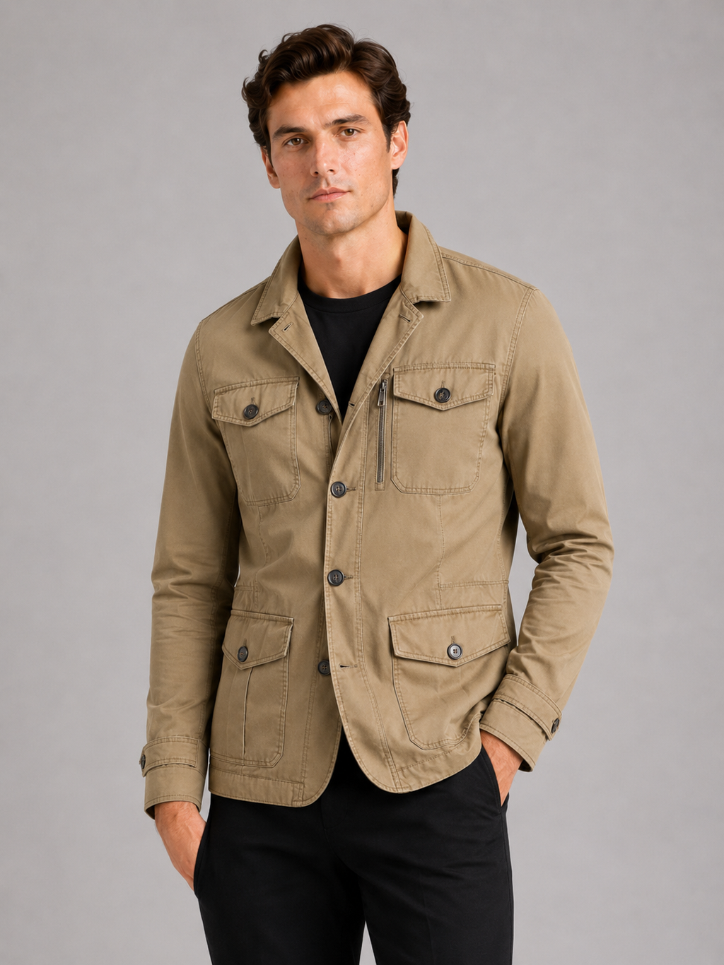 Men wearing khaki military fall jacket 100 percent cotton multi pocket outdoor workwear style