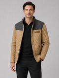 Men wearing khaki quilted jacket lightweight button down casual fall travel style