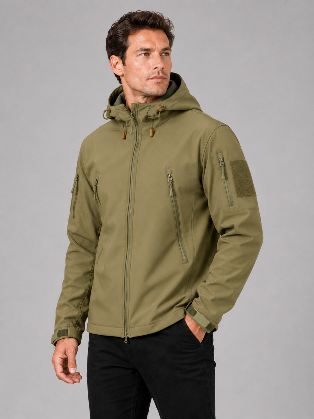 Men wearing khaki soft shell tactical jacket windproof waterproof hooded outdoor work style