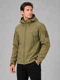 Men wearing khaki soft shell tactical jacket windproof waterproof hooded outdoor work style