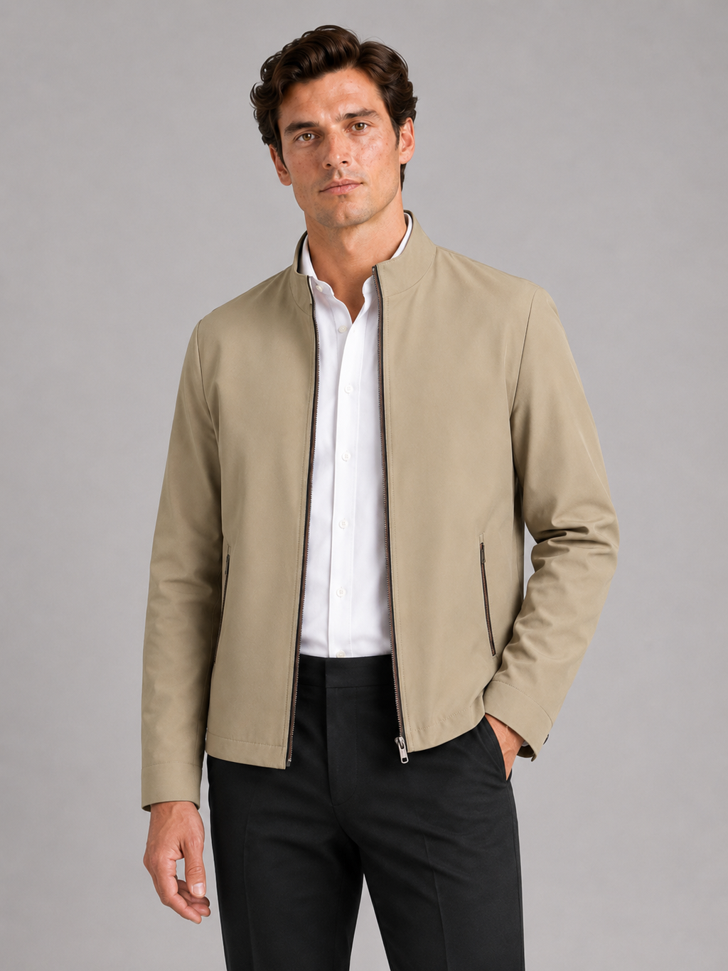 Men wearing khaki stand collar fall jacket wear resistant casual workwear style for business commuting