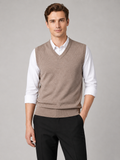 Men wearing khaki sweater vest v neck solid color knit fall winter business casual style