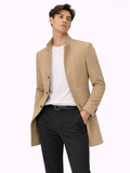 Men wearing khaki wool blend trench coat tailored fit refined smart casual outerwear