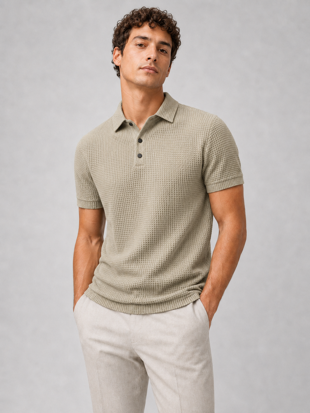 Khaki textured knit polo shirt for men lightweight breathable smart casual everyday outfit