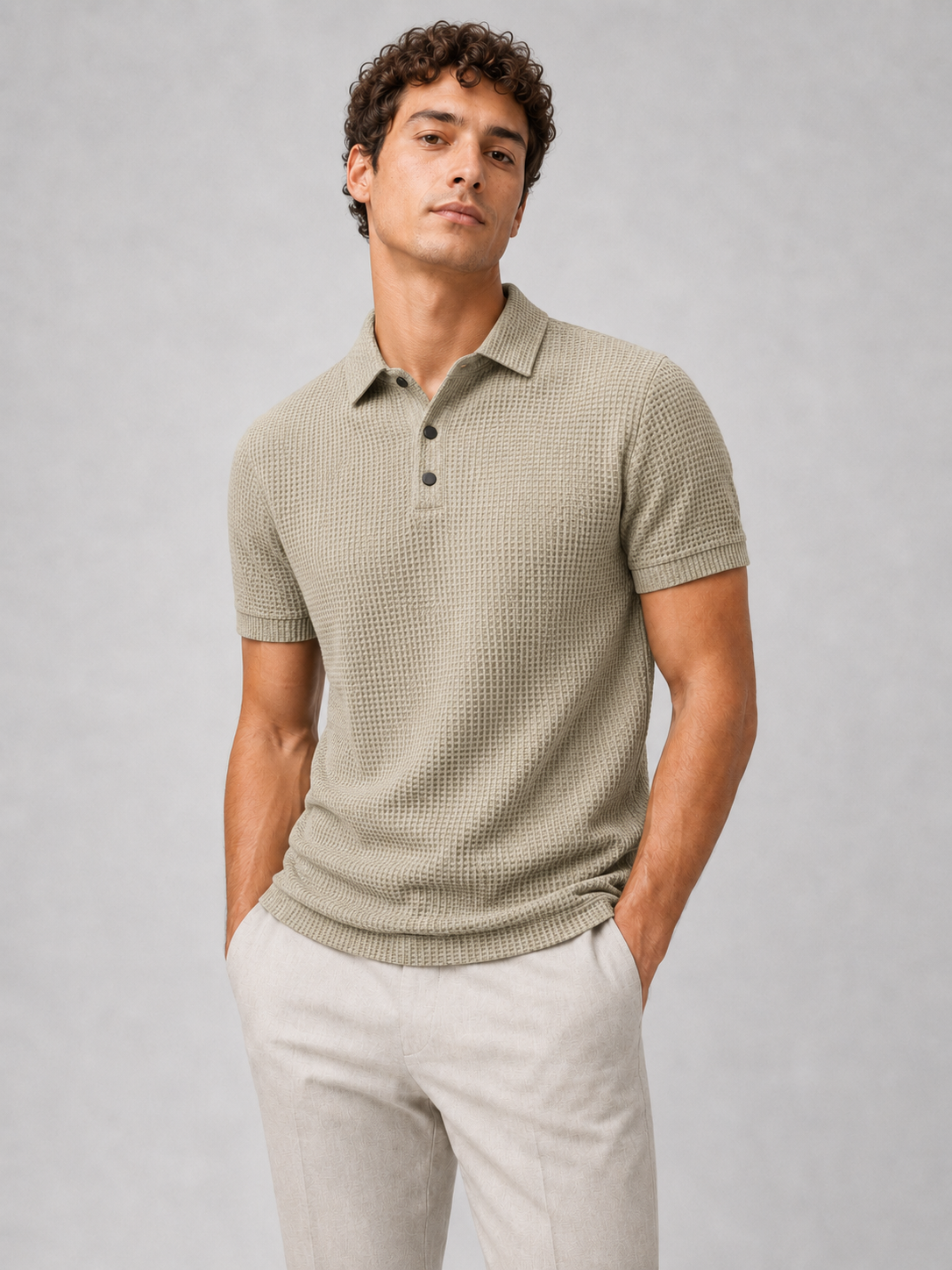 Khaki textured knit polo shirt for men lightweight breathable smart casual everyday outfit