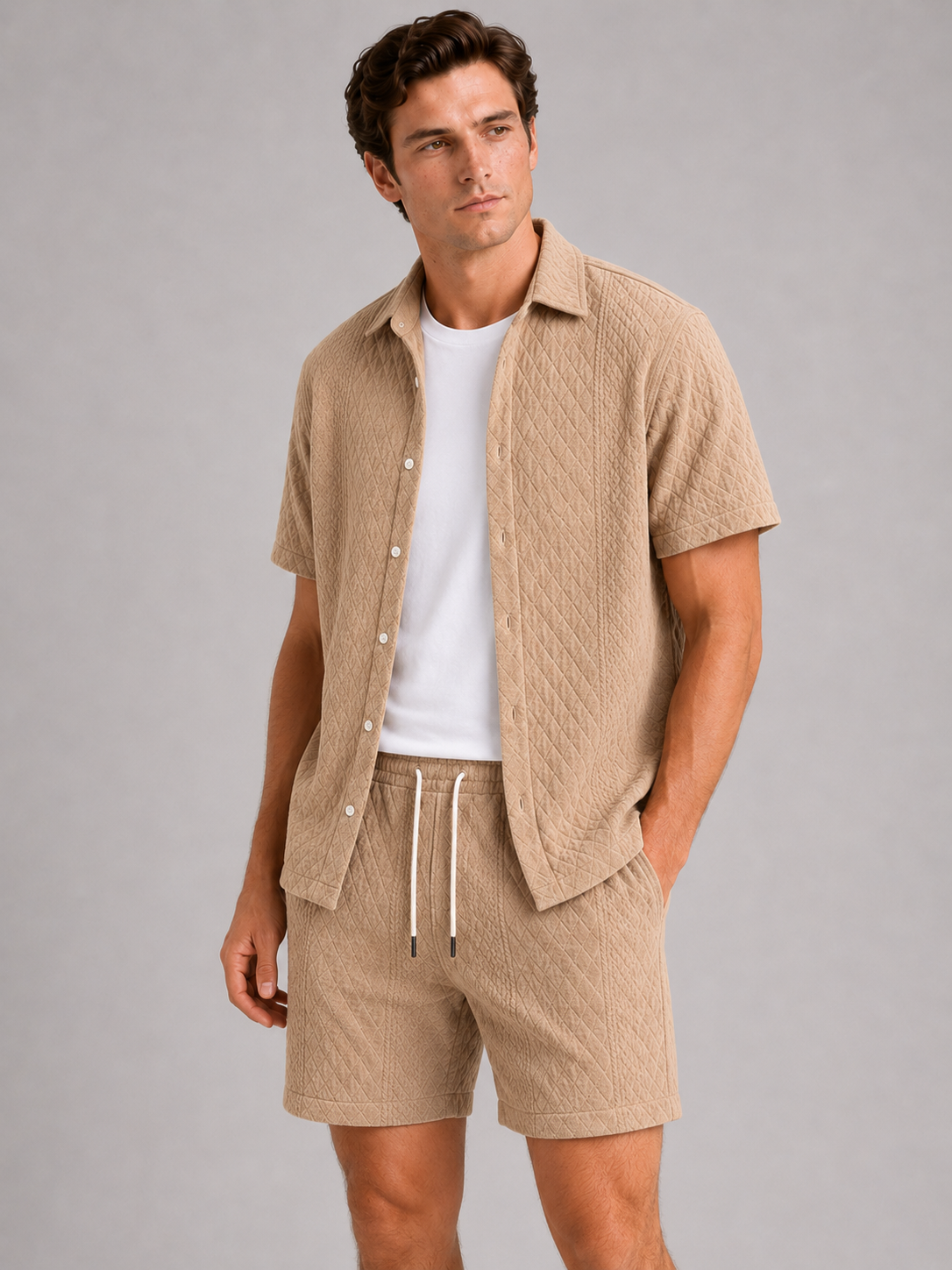 Men wearing khaki textured summer matching set short sleeve two piece outfit vacation style