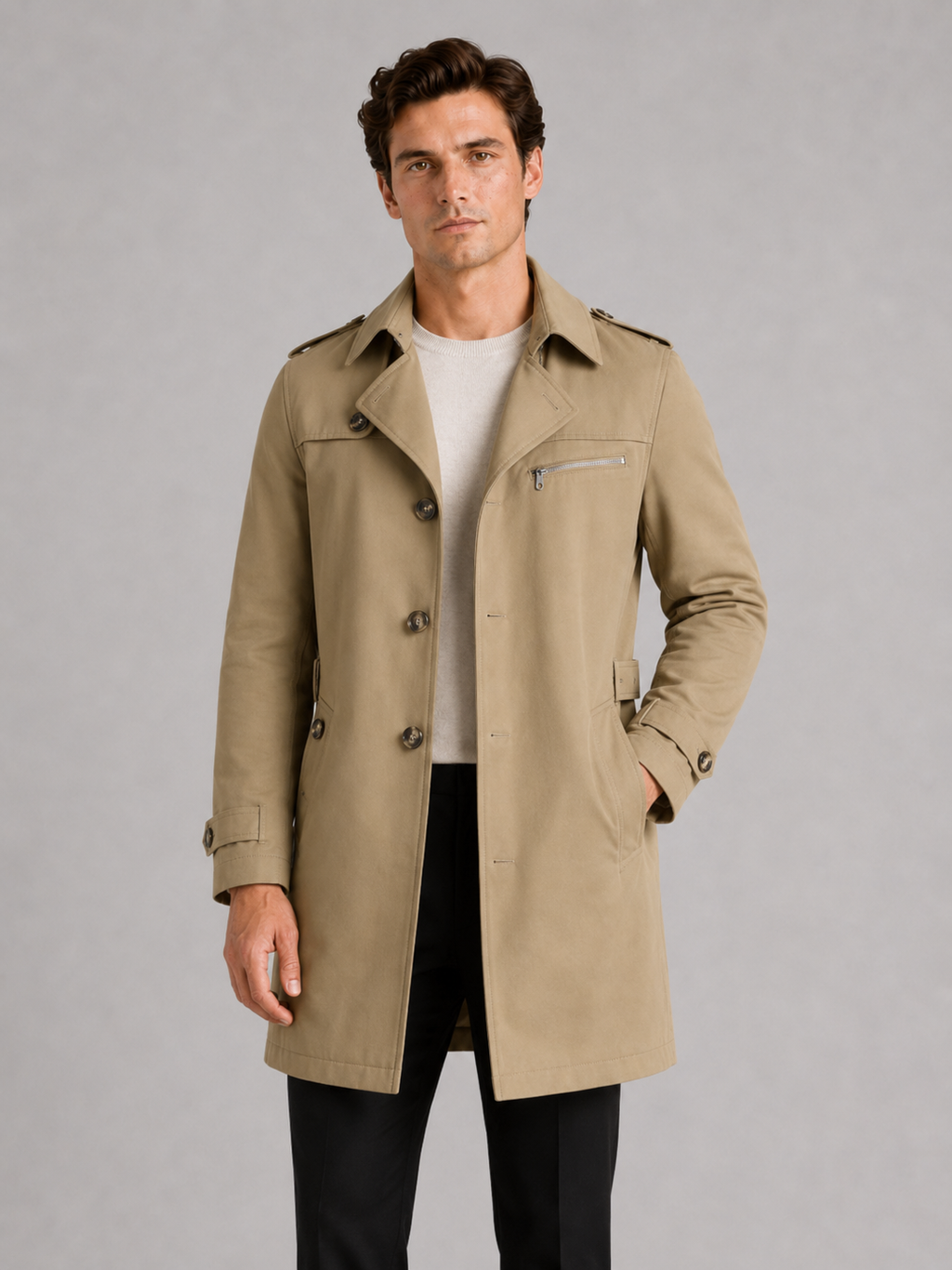 Men wearing khaki cotton trench coat single breasted lapel mid length fall office style