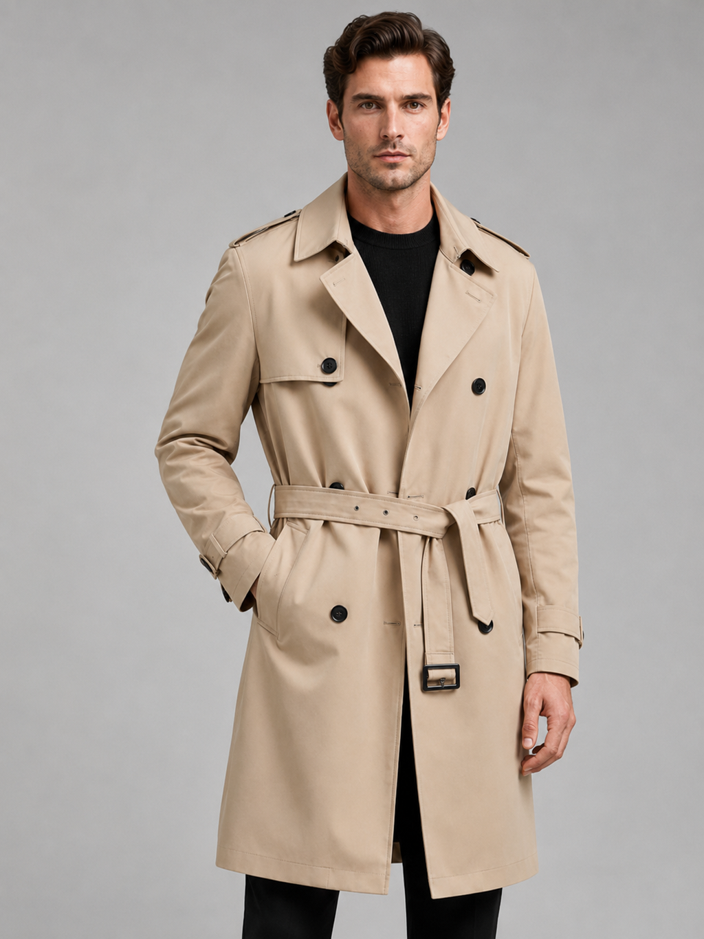 Front view of a man wearing a khaki double-breasted trench coat with a belted waist, wide lapel, and windproof design