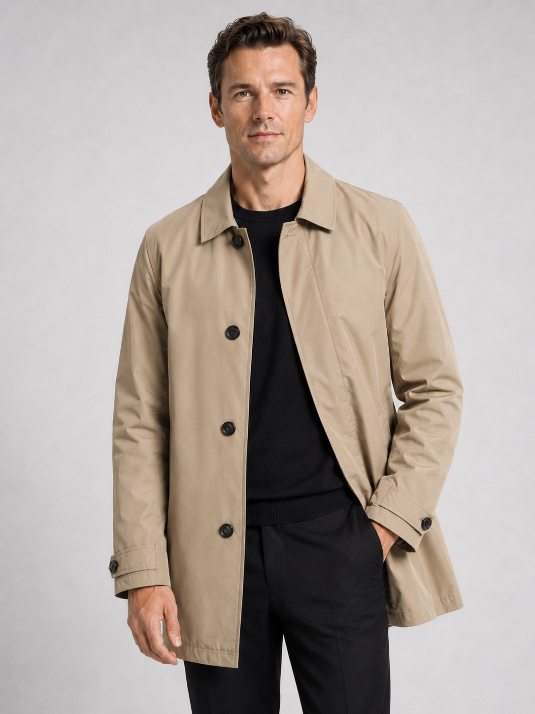 Men wearing khaki medium length trench coat lapel button up warm fall winter business casual style