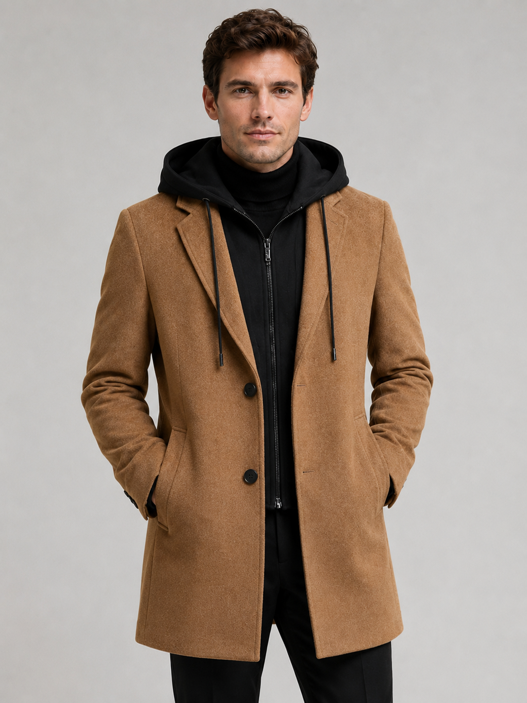 Front photo of a man wearing a khaki wool hooded trench coat, warm winter business casual outfit, clean studio background