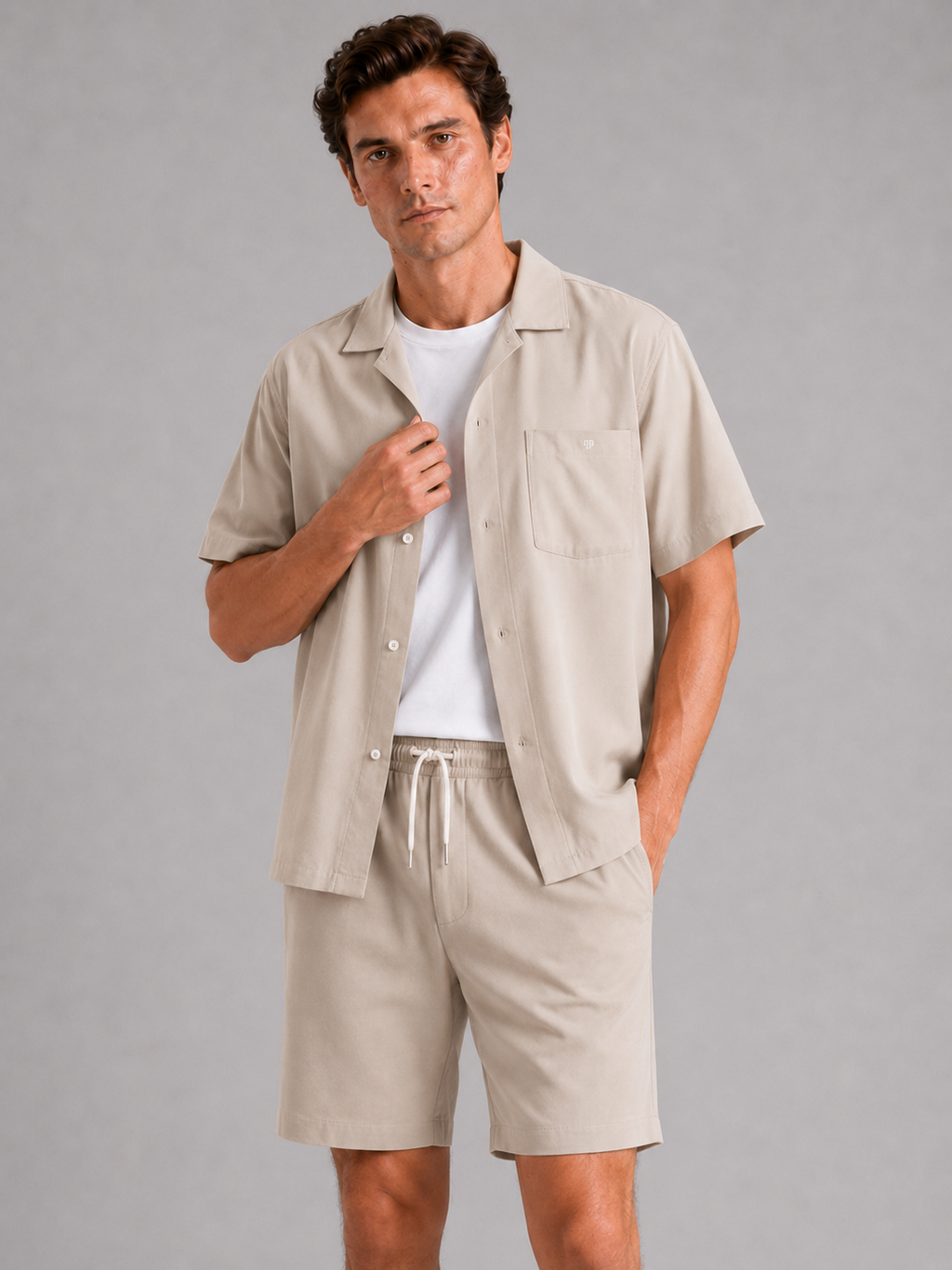 Men wearing khaki two piece set short sleeve shirt and shorts breathable summer vacation style