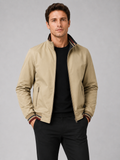 Men wearing khaki varsity jacket reversible snap button baseball jacket for streetwear style