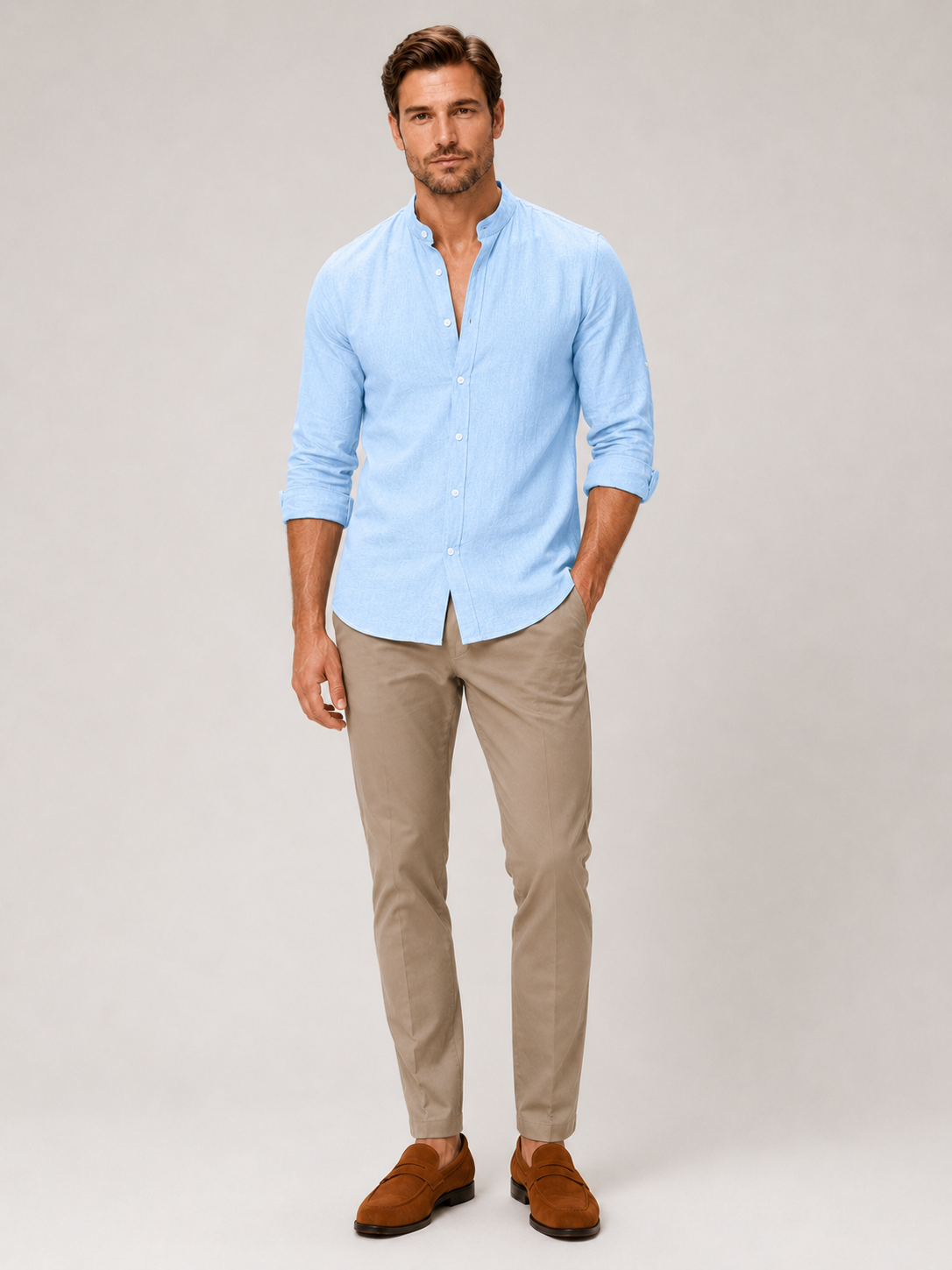 Light blue cotton linen collarless shirt for men long sleeve summer top for vacation and everyday wear