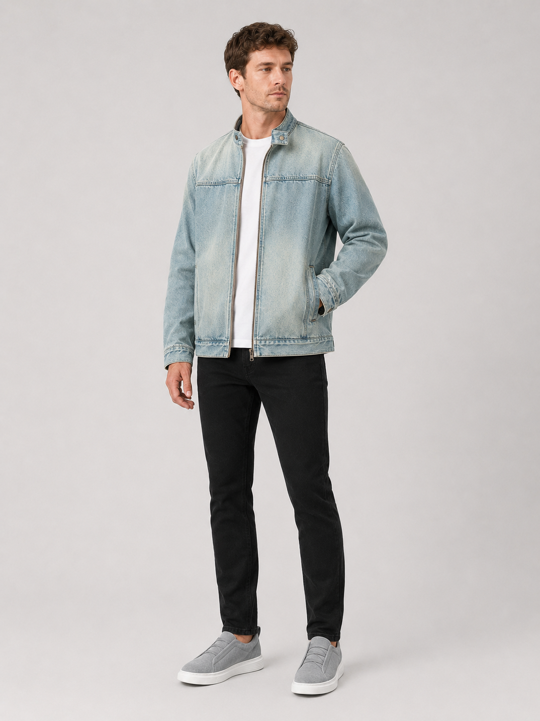 Light blue denim jacket for men loose fit workwear outerwear for everyday fall wear