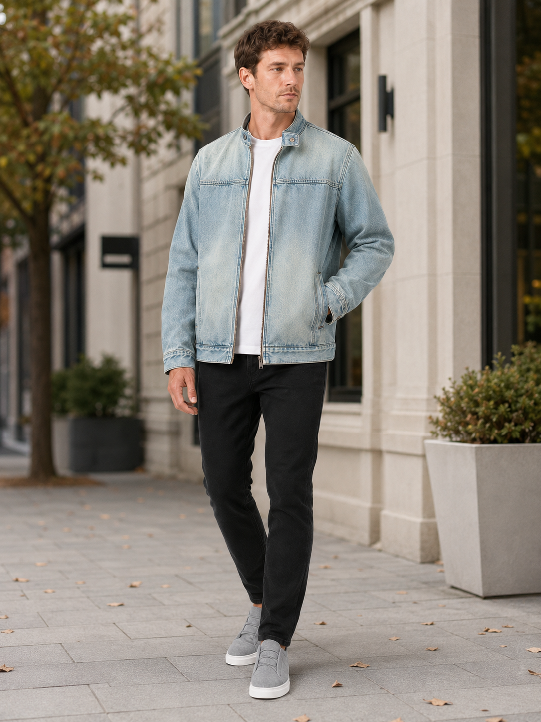 Man styling light blue denim workwear jacket in a relaxed streetwear and casual lifestyle outfit
