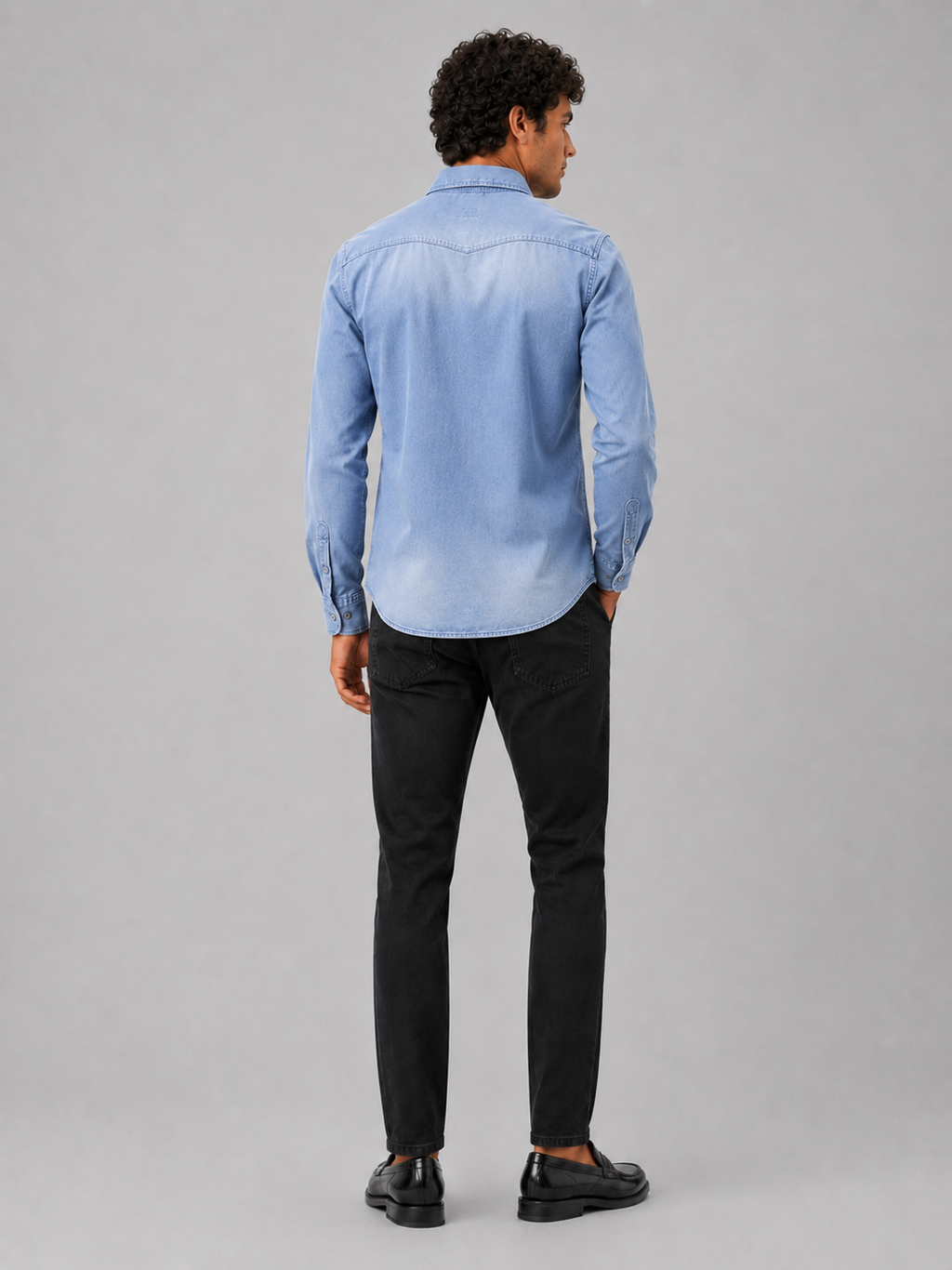 Men’s light blue washed cotton denim button up shirt slim fit everyday casual wear