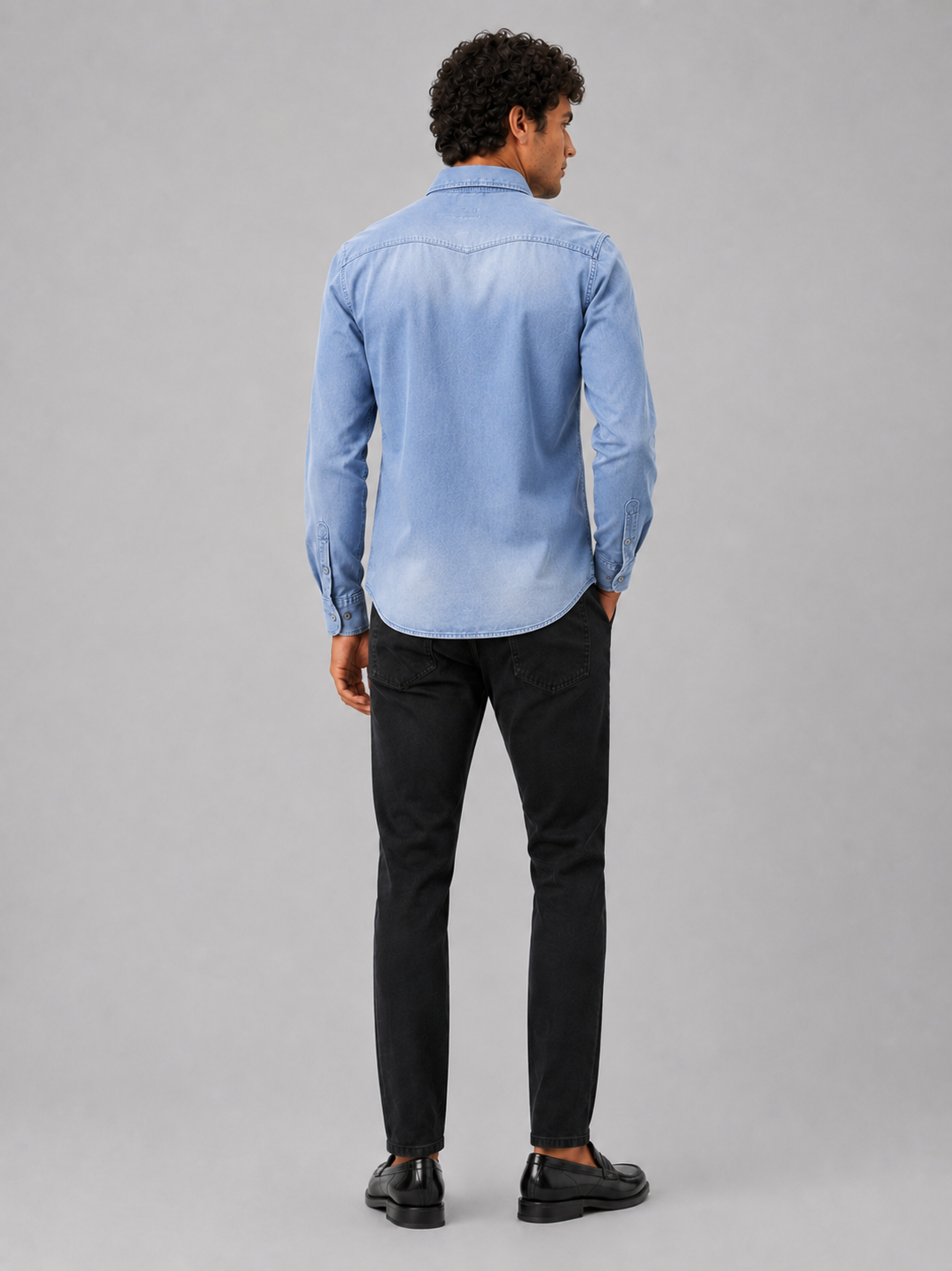 Men’s light blue washed cotton denim button up shirt slim fit everyday casual wear