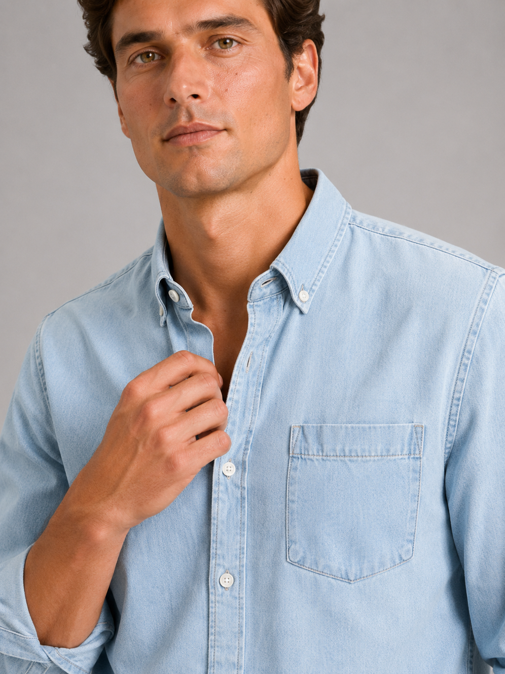 Close up of blue denim shirt showing soft washed fabric and button down detail