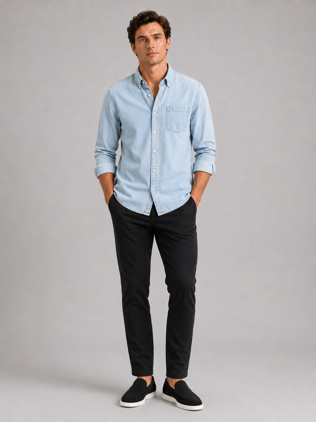 Blue denim shirt for men long sleeve casual button down for everyday wear