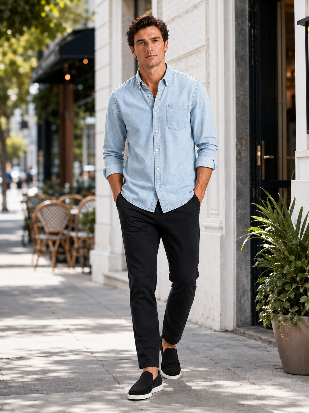 Man styling blue denim shirt in a relaxed everyday casual lifestyle outfit