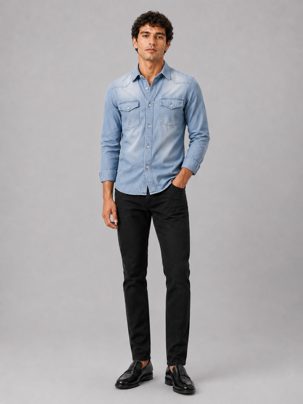 Light blue denim shirt for men long sleeve slim fit casual western workwear outfit