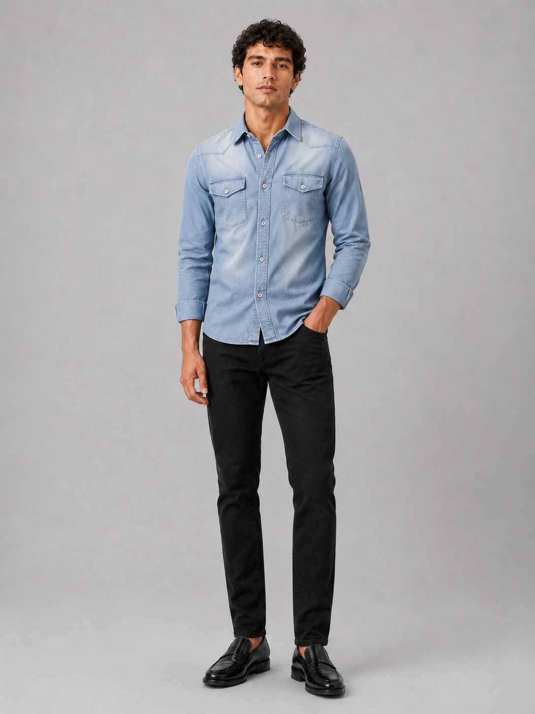 Light blue denim shirt for men long sleeve slim fit casual western workwear outfit
