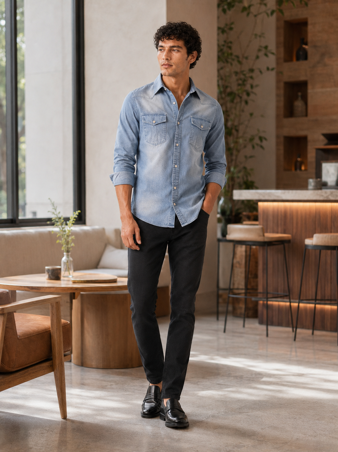 Man styling light blue denim shirt in a relaxed casual western workwear outfit