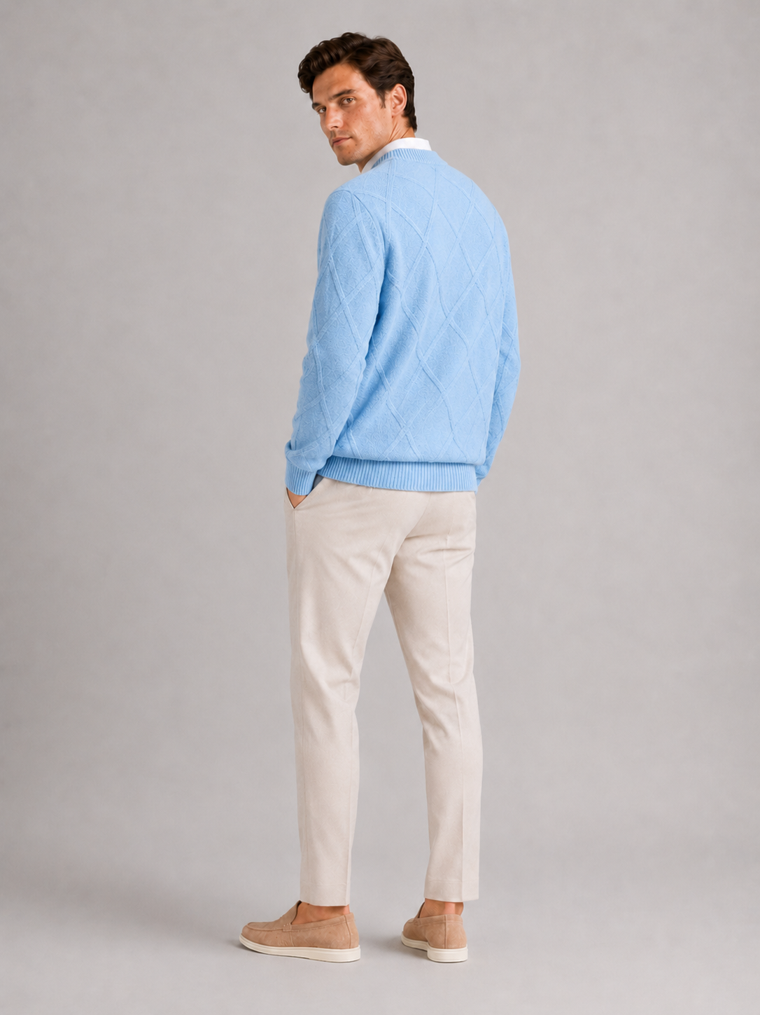 Men’s light blue fleece knit pullover warm casual sweater for fall winter outfits