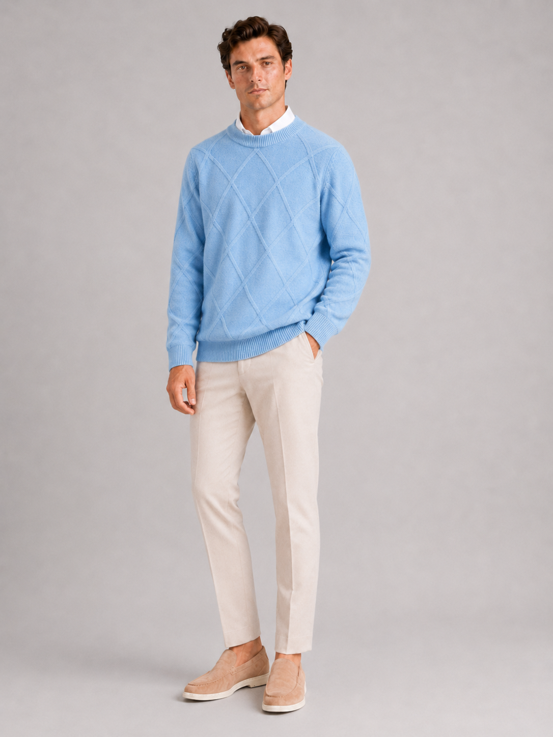 Light blue crew neck cable knit sweater for men loose fit warm pullover for everyday winter wear