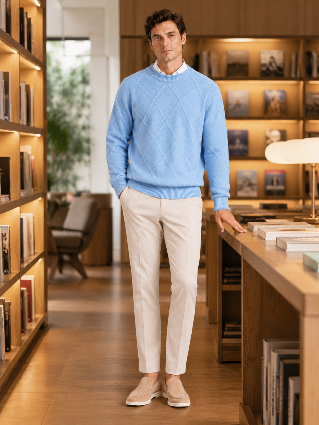 Man styling light blue cable knit sweater in a clean cold weather lifestyle outfit