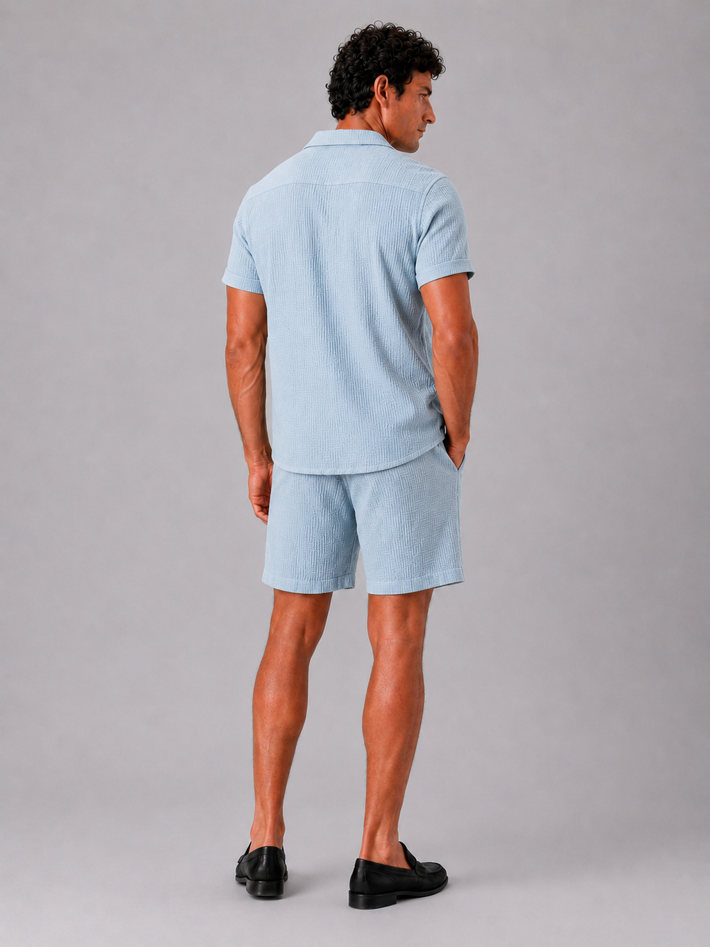 Men’s light blue jacquard two piece outfit breathable comfortable style for vacation and resort wear