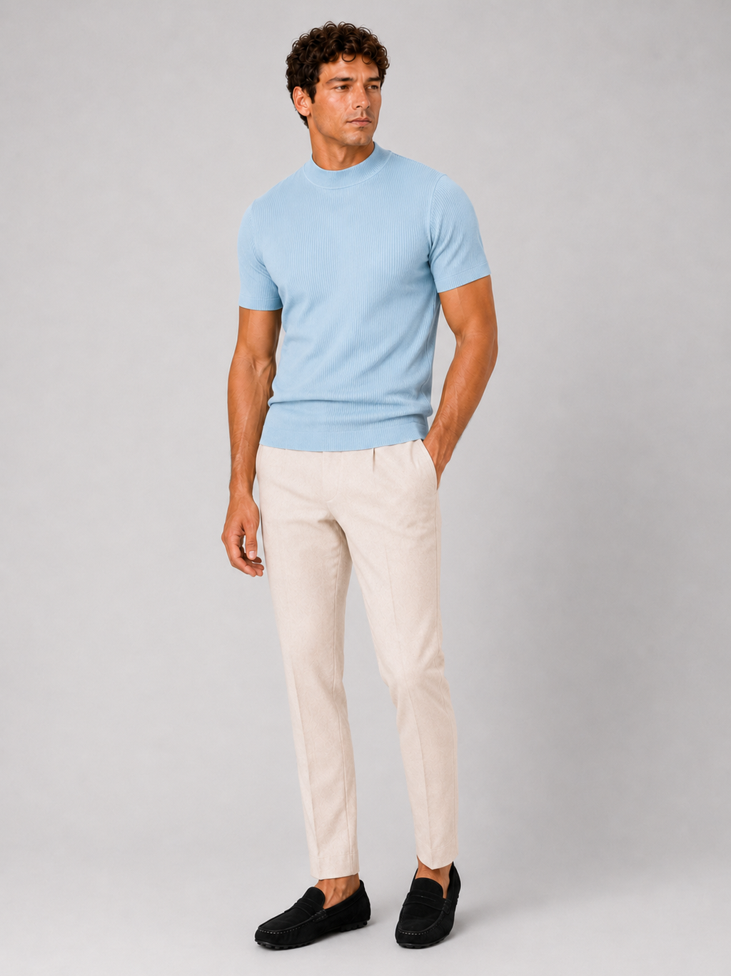 Men’s light blue short sleeve ribbed top slim fit comfortable stretch casual outfit