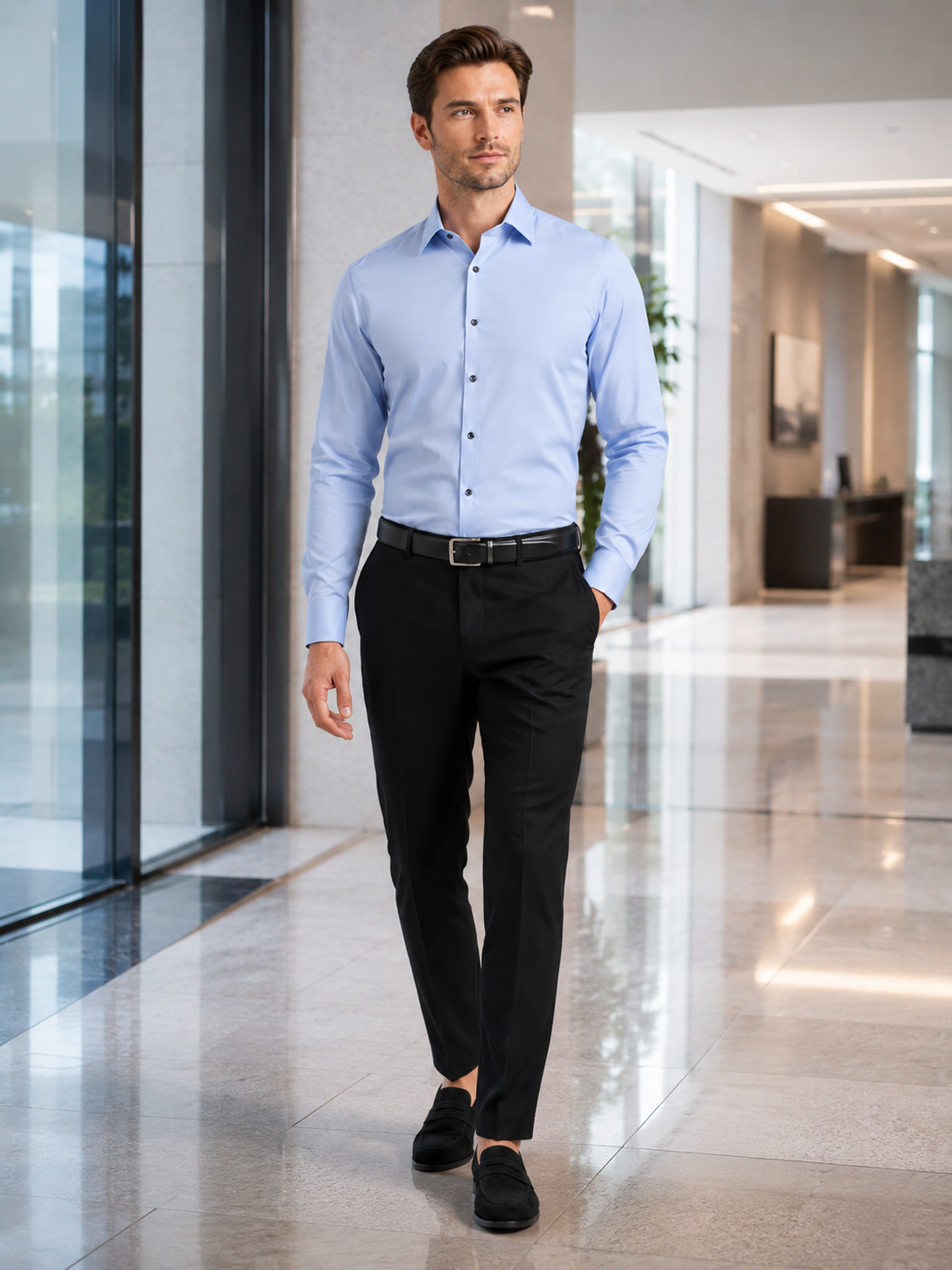 Man styling light blue button down dress shirt in a polished business casual office outfit