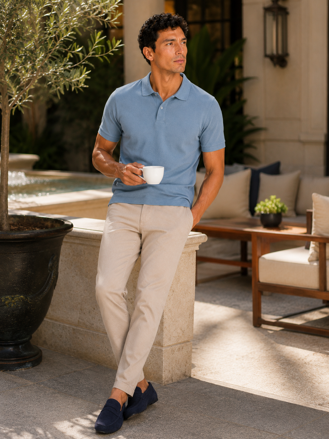 Man styling light blue polo shirt in a relaxed summer lifestyle outfit for golf and casual wear
