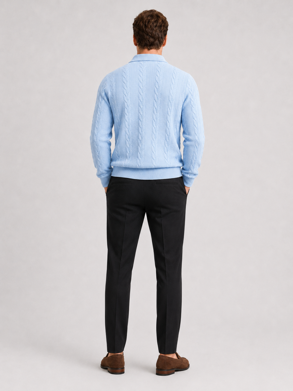 Men’s light blue knit quarter zip sweater comfortable warm layer for everyday and weekend outfits