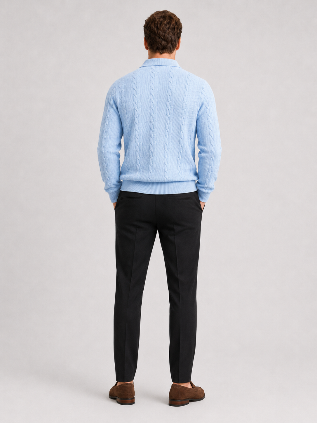 Men’s light blue knit quarter zip sweater comfortable warm layer for everyday and weekend outfits