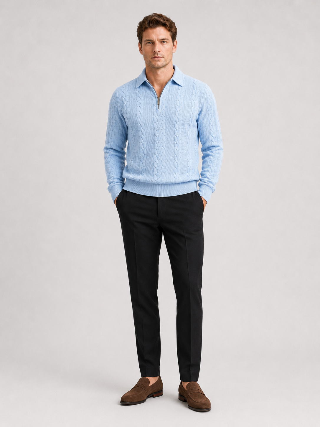 Light blue quarter zip sweater for men long sleeve fall winter pullover for casual and everyday wear