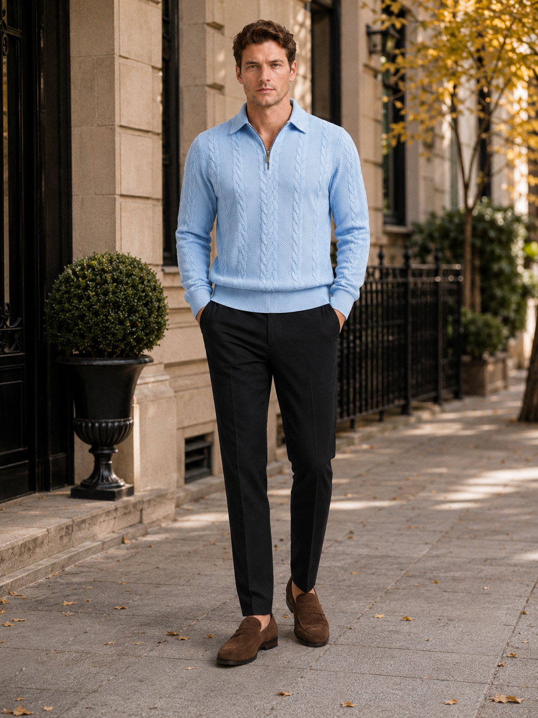 Man styling light blue quarter zip sweater in a fresh casual fall winter lifestyle outfit