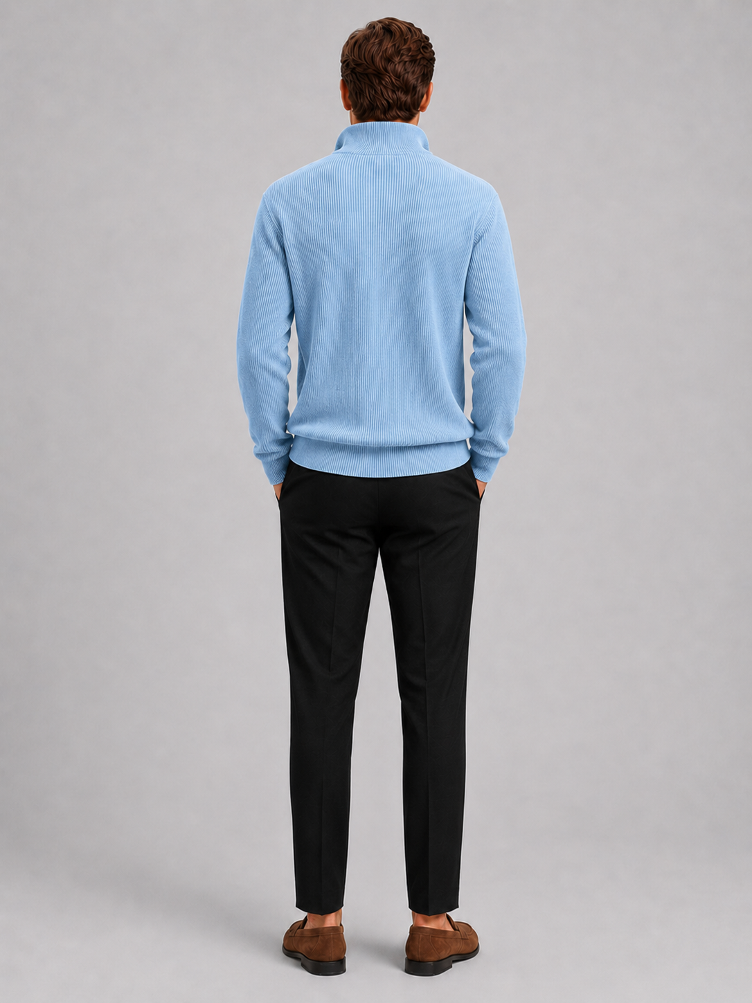 Men’s light blue stand collar knit sweater comfortable fall winter layer for business casual outfits
