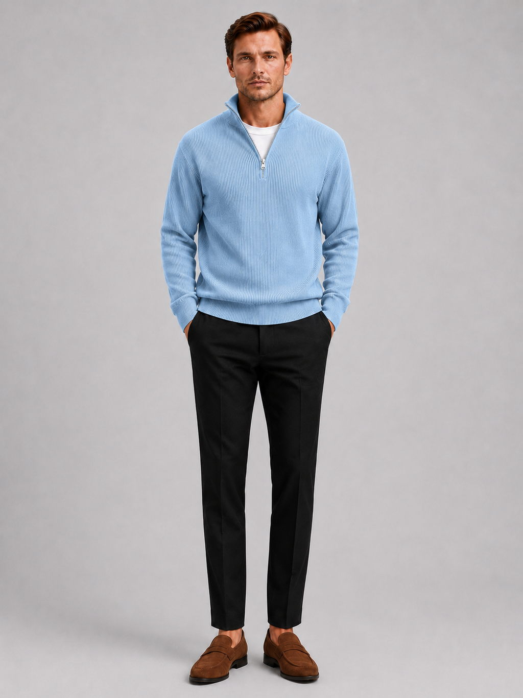 Light blue ribbed quarter zip sweater for men warm long sleeve pullover for everyday winter wear