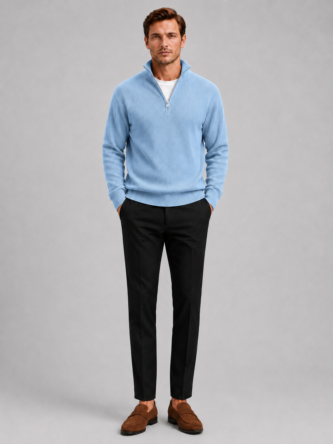Light blue ribbed quarter zip sweater for men warm long sleeve pullover for everyday winter wear
