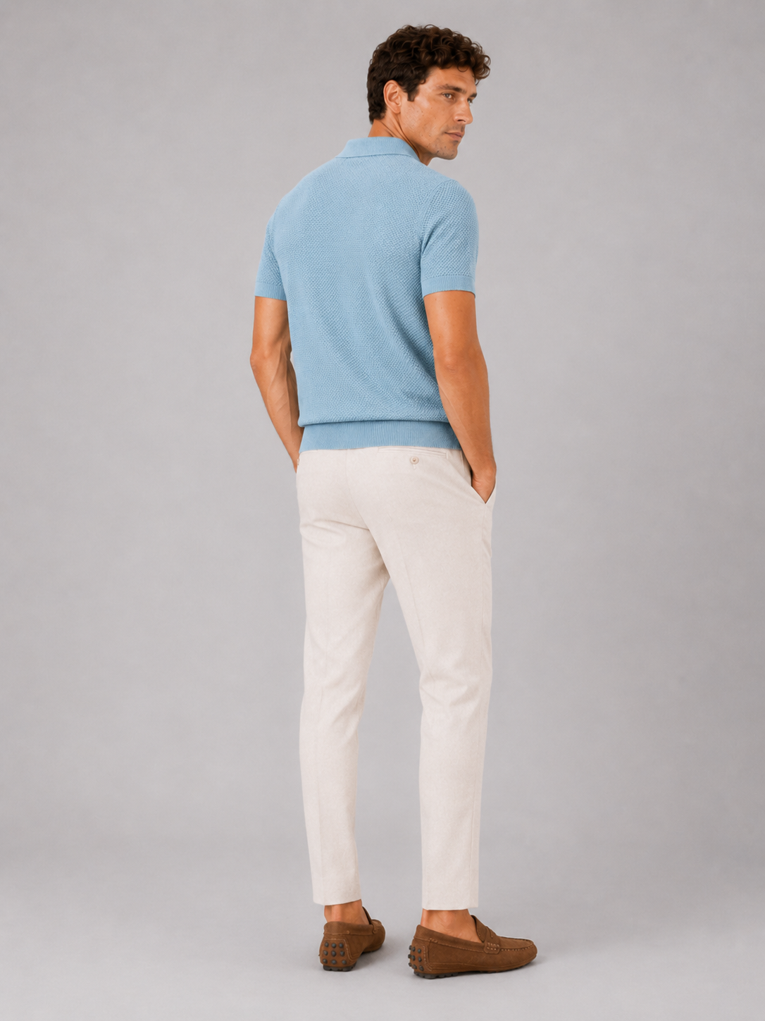 Men’s light blue breathable knit polo shirt soft stretch fabric for smart casual outfits