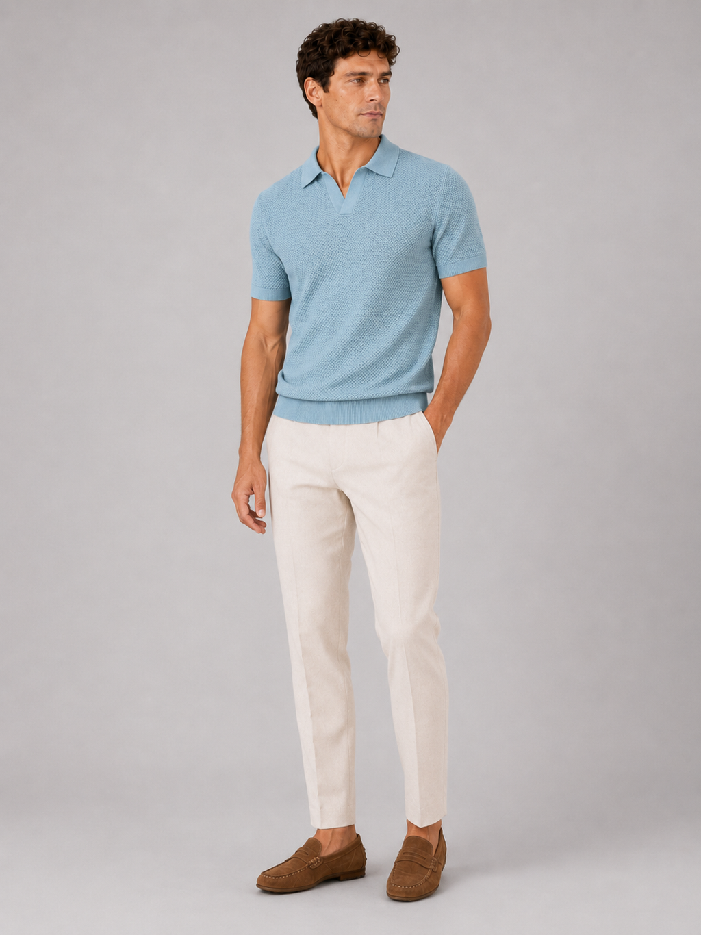 Light blue short sleeve knit polo for men comfortable lightweight summer casual wear