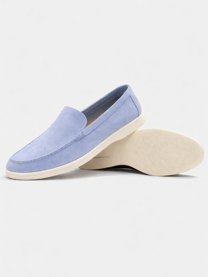Pastel blue suede slip-on loafers for men, soft comfortable driving moccasins with classic design