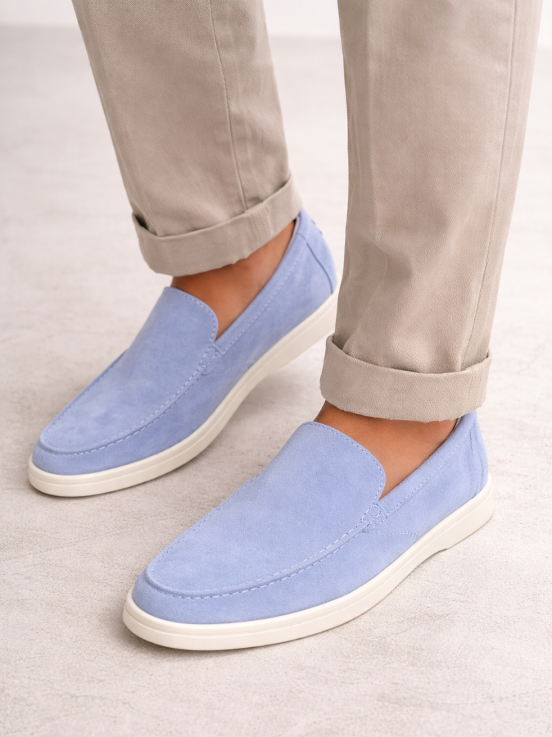 Men wearing pastel blue suede leather loafers, breathable lightweight driving shoes modern casual style
