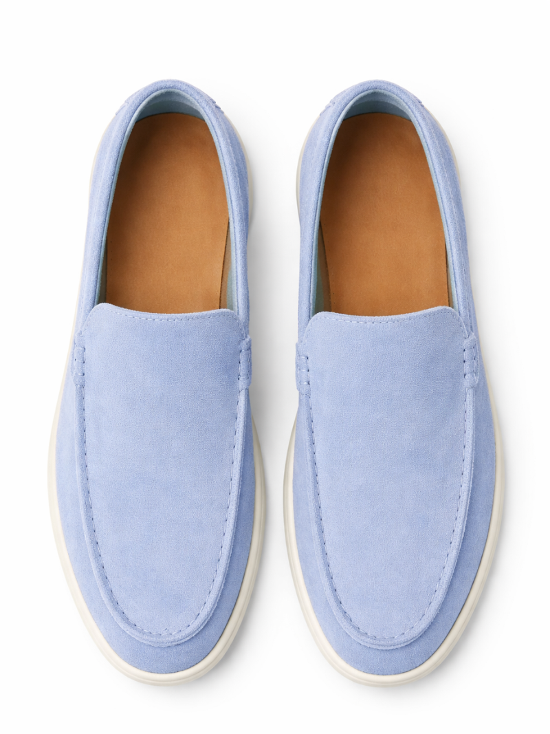 Pastel blue suede loafers for men, soft lightweight moccasins comfortable casual slip-on shoes