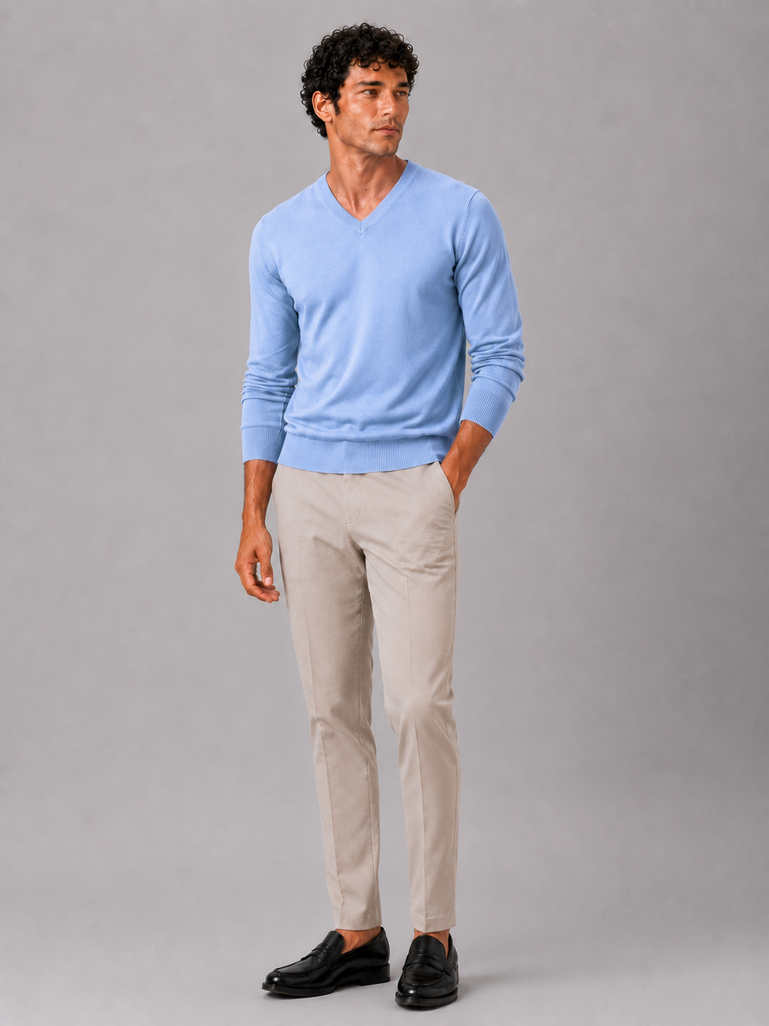 Light blue v neck sweater for men slim fit long sleeve pullover for everyday fall wear