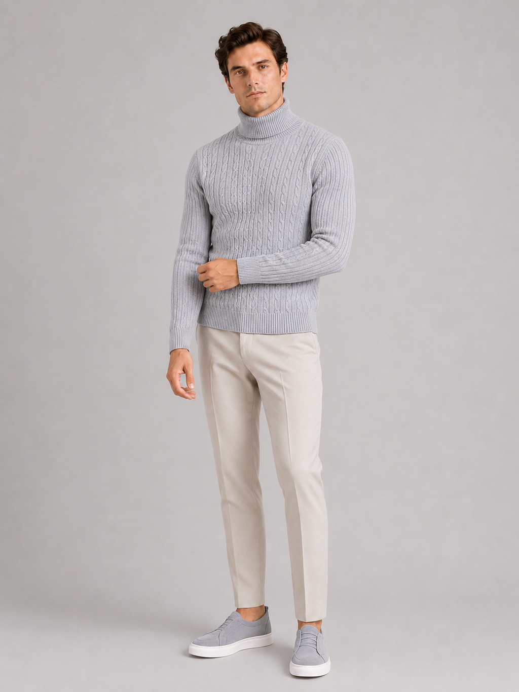 Light gray cable knit turtleneck sweater for men slim fit heavyweight pullover for winter wear